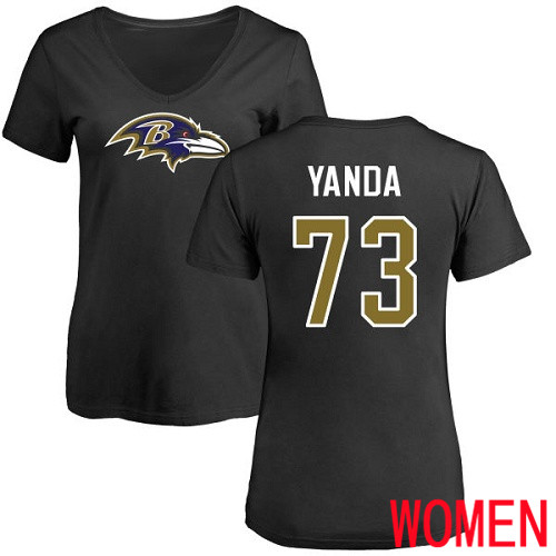 Baltimore Ravens Black Women Marshal Yanda Name and Number Logo NFL Football #73 T Shirt->nfl t-shirts->Sports Accessory